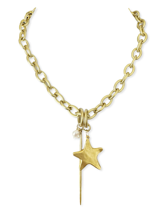 Chunky Brass Chain Necklace- Oval Chain w/ Quill & Star