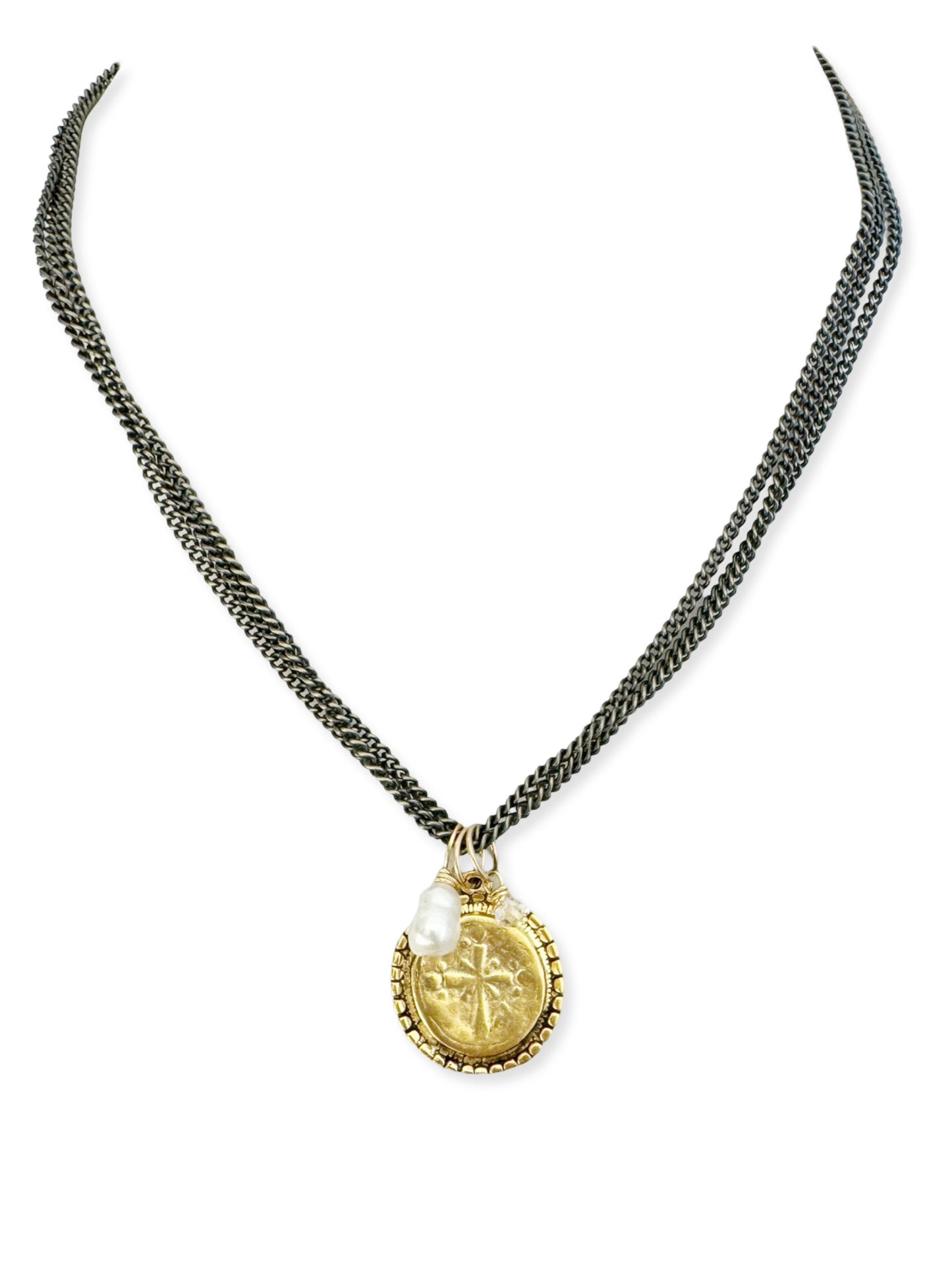 Triple Dark Chain Necklace- Dotted Ancient Coin