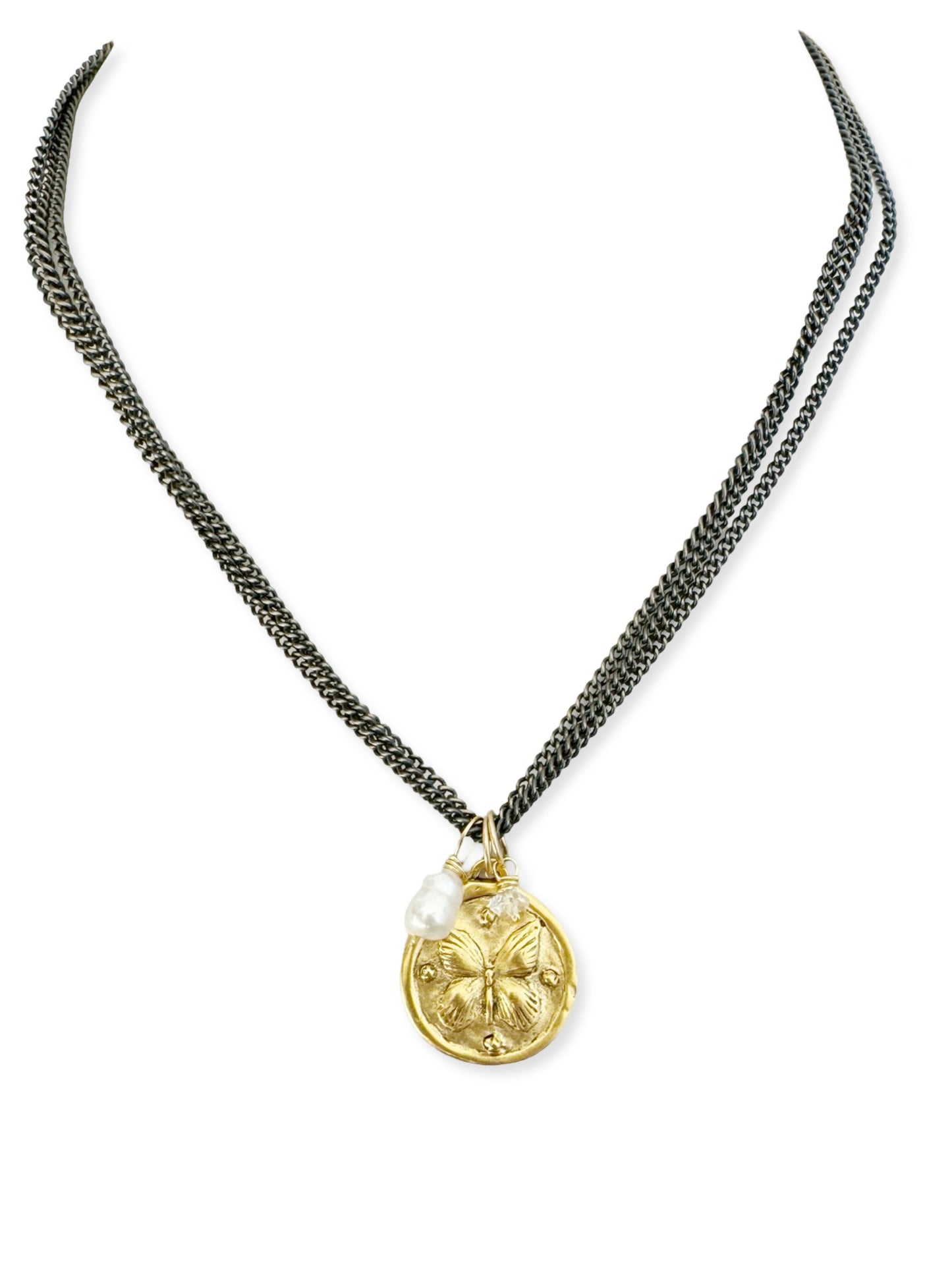 Triple Dark Chain Necklace- Butterfly