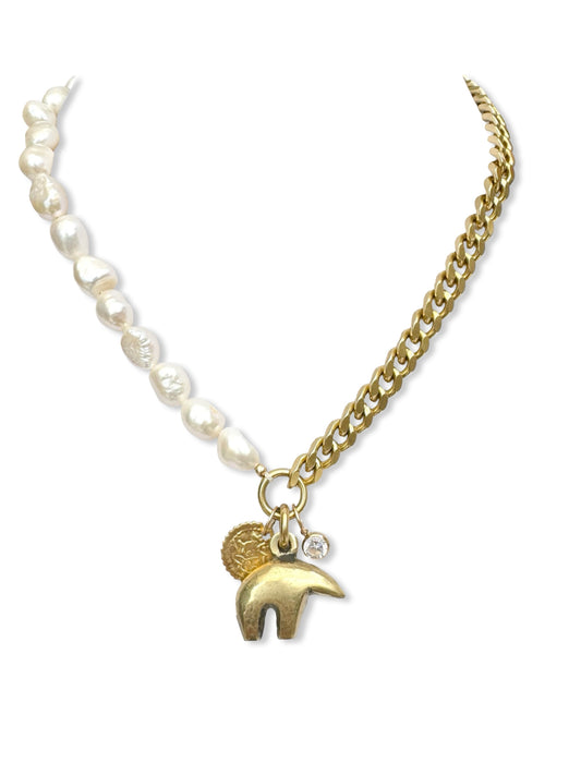Chunky Brass & Pearl Necklace