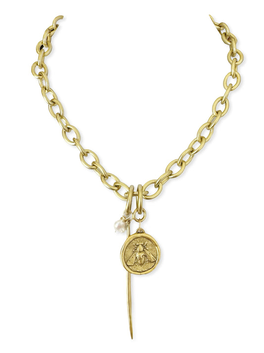 Chunky Brass Chain Necklace- Oval Chain w/ Quill & Honey Bee