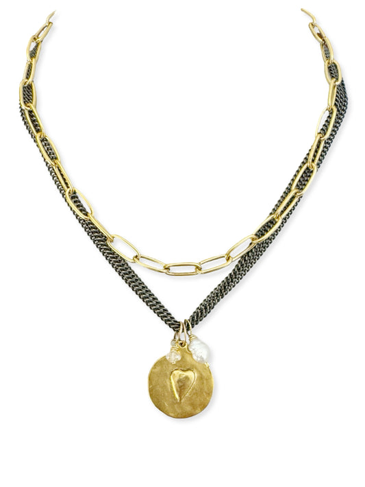 Triple Dark Chain Necklace- Heart
