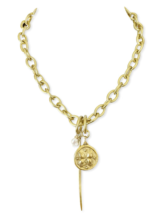 Chunky Brass Chain Necklace- Oval Chain w/ Quill & Butterfly