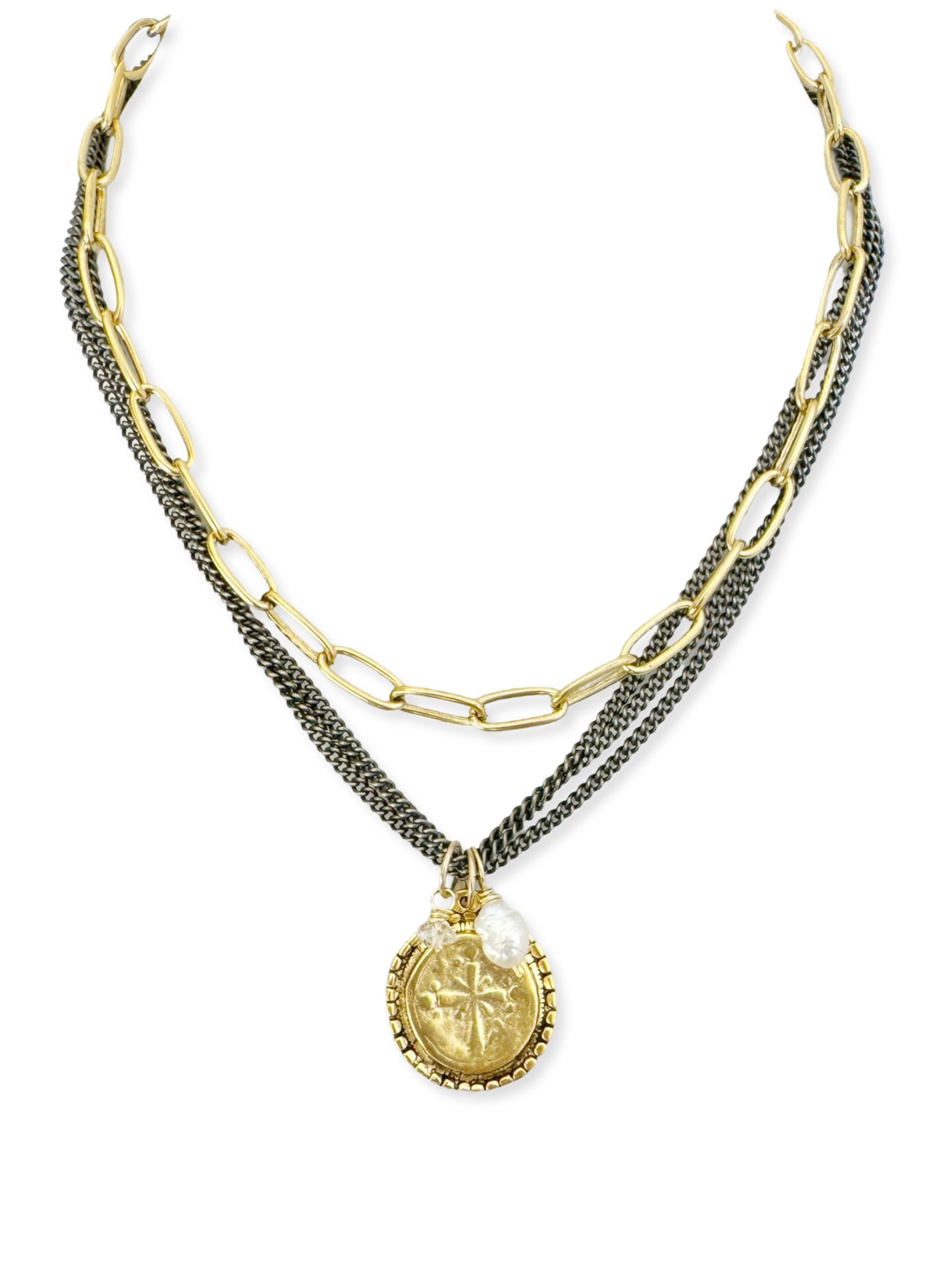 Triple Dark Chain Necklace- Dotted Ancient Coin