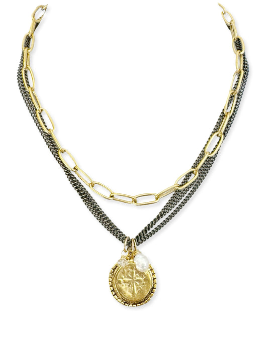 Triple Dark Chain Necklace- Dotted Ancient Coin