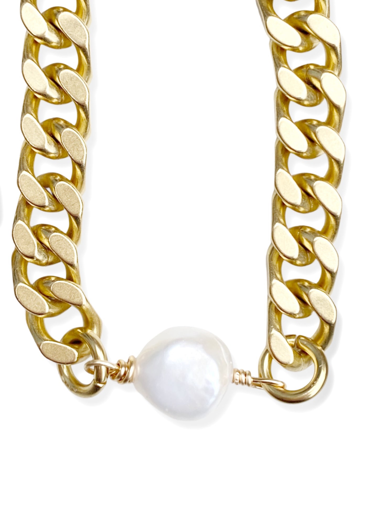 Chunky Brass Chain Necklace- Curb Chain w/ Pearl