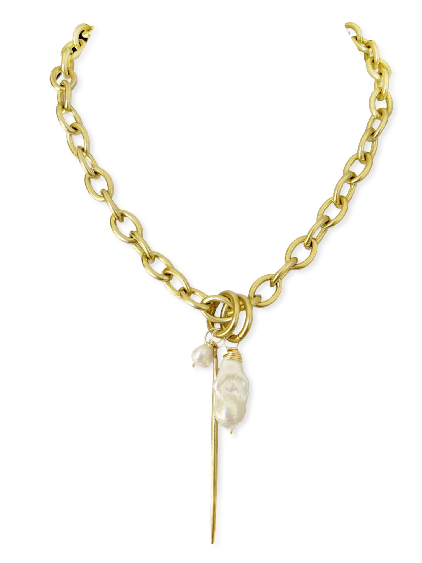 Chunky Brass Chain Necklace- Oval Chain w/ Quill & Pearl