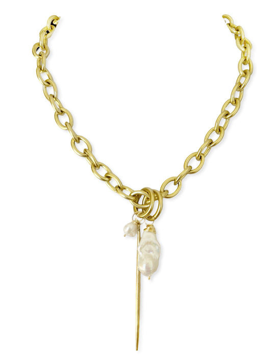 Chunky Brass Chain Necklace- Oval Chain w/ Quill & Pearl