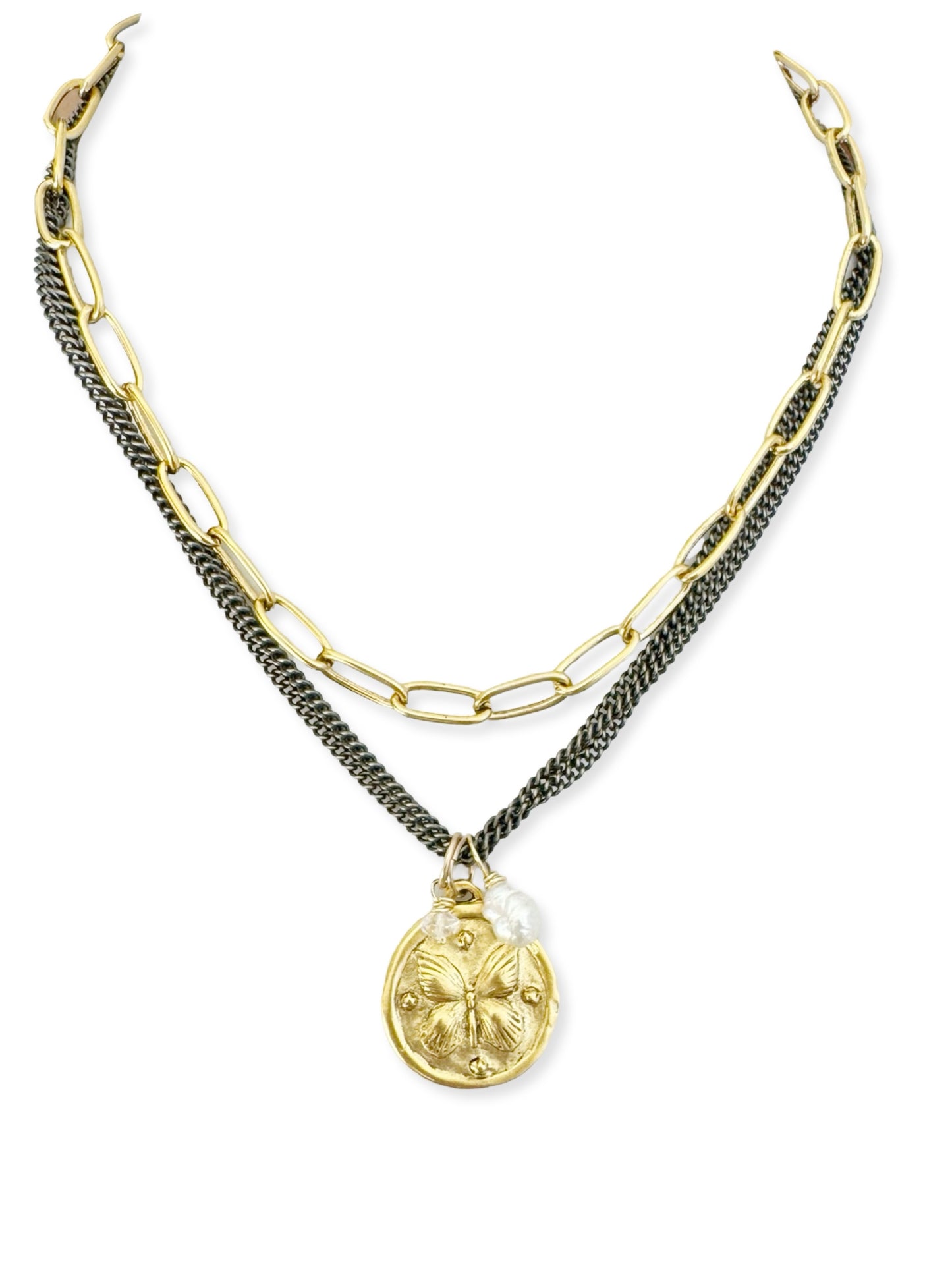 Triple Dark Chain Necklace- Butterfly
