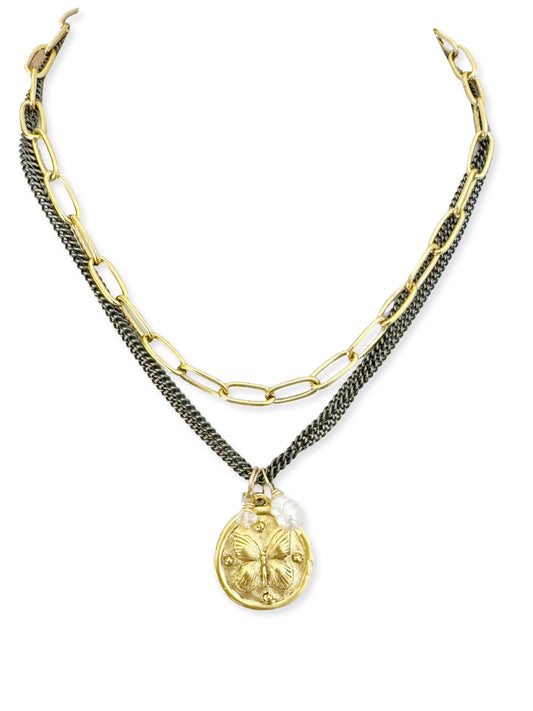 Triple Dark Chain Necklace- Butterfly