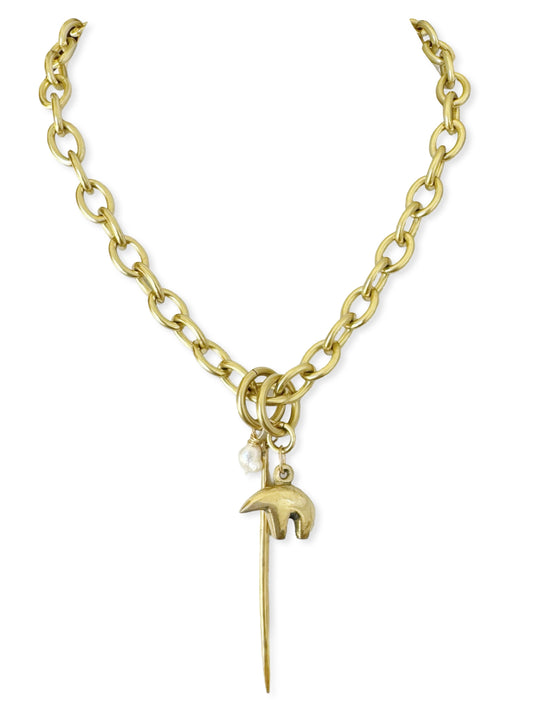Chunky Brass Chain Necklace- Oval Chain w/ Quill & Bear