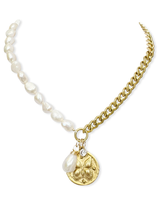 Chunky Brass & Pearl Necklace