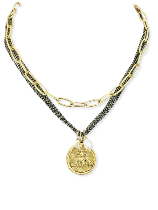 Triple Dark Chain Necklace- Honey Bee