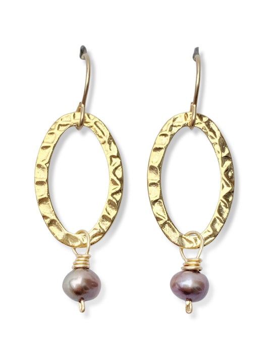 Oval Earrings- Gold- Peacock Pearl