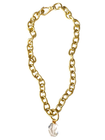 Chunky Brass Chain Necklace- Oval Chain w/ Quartz