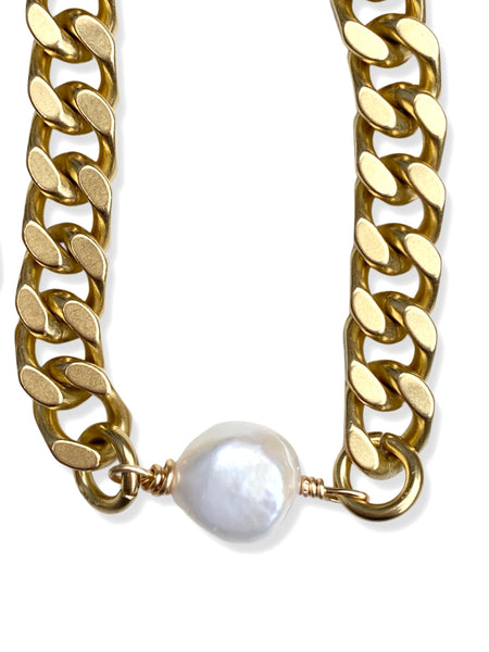 Chunky Brass Chain Necklace- Curb Chain w/ Pearl