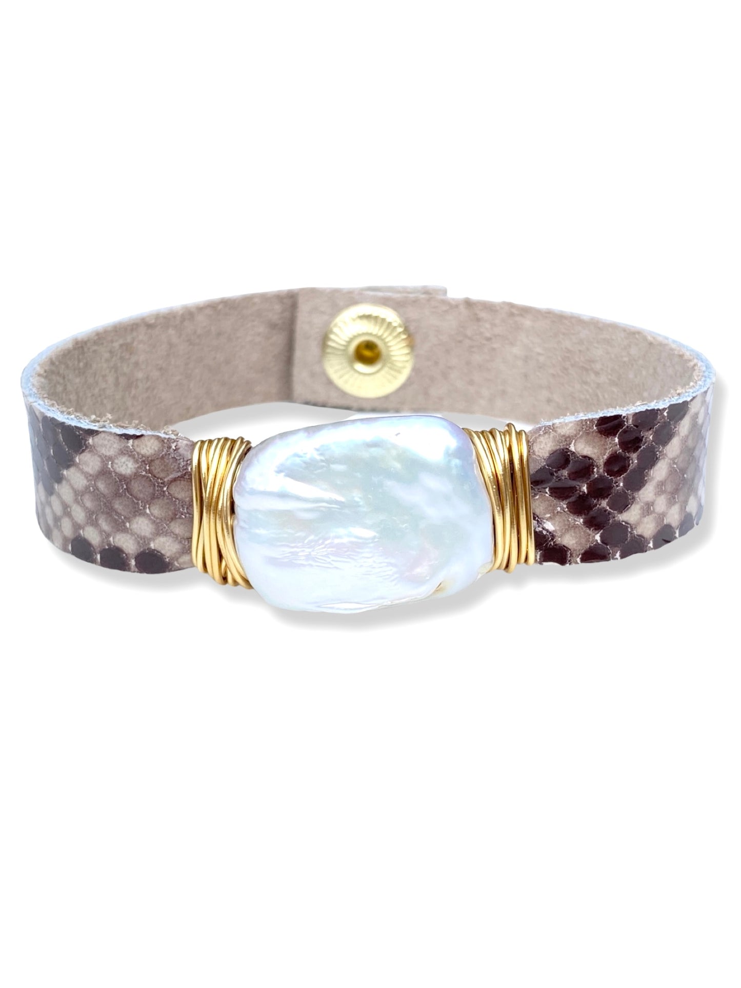 Leather Snap Bracelet- Pearl