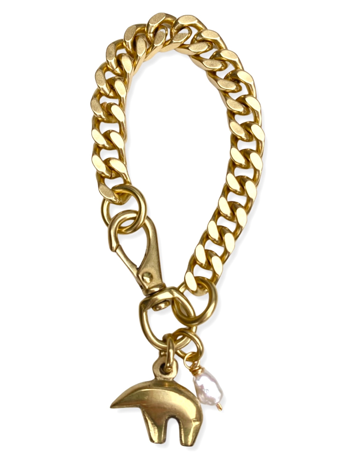 Chunky Brass Chain Bracelet- Curb Chain w/ Bear