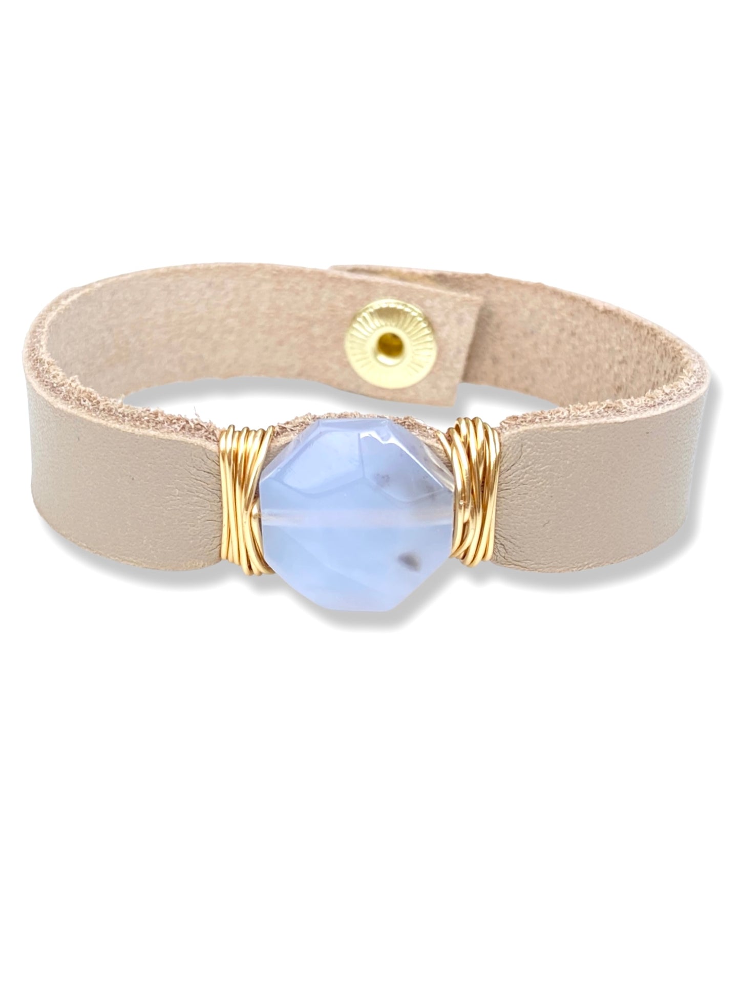 Leather Snap Bracelet- Blue Lace Agate