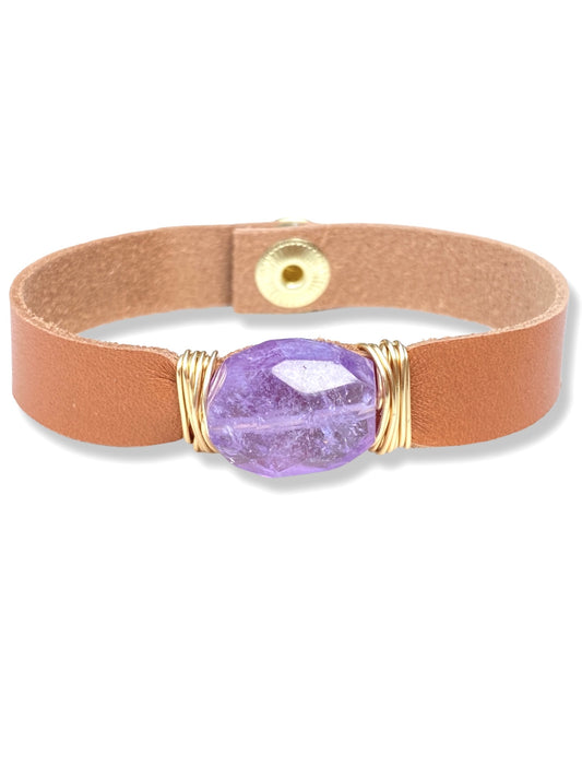 Leather Snap Bracelet- Amethyst