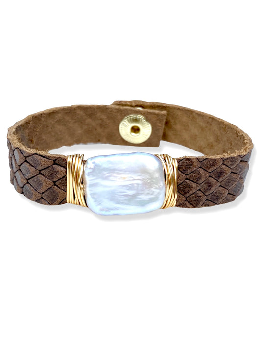 Leather Snap Bracelet- Pearl