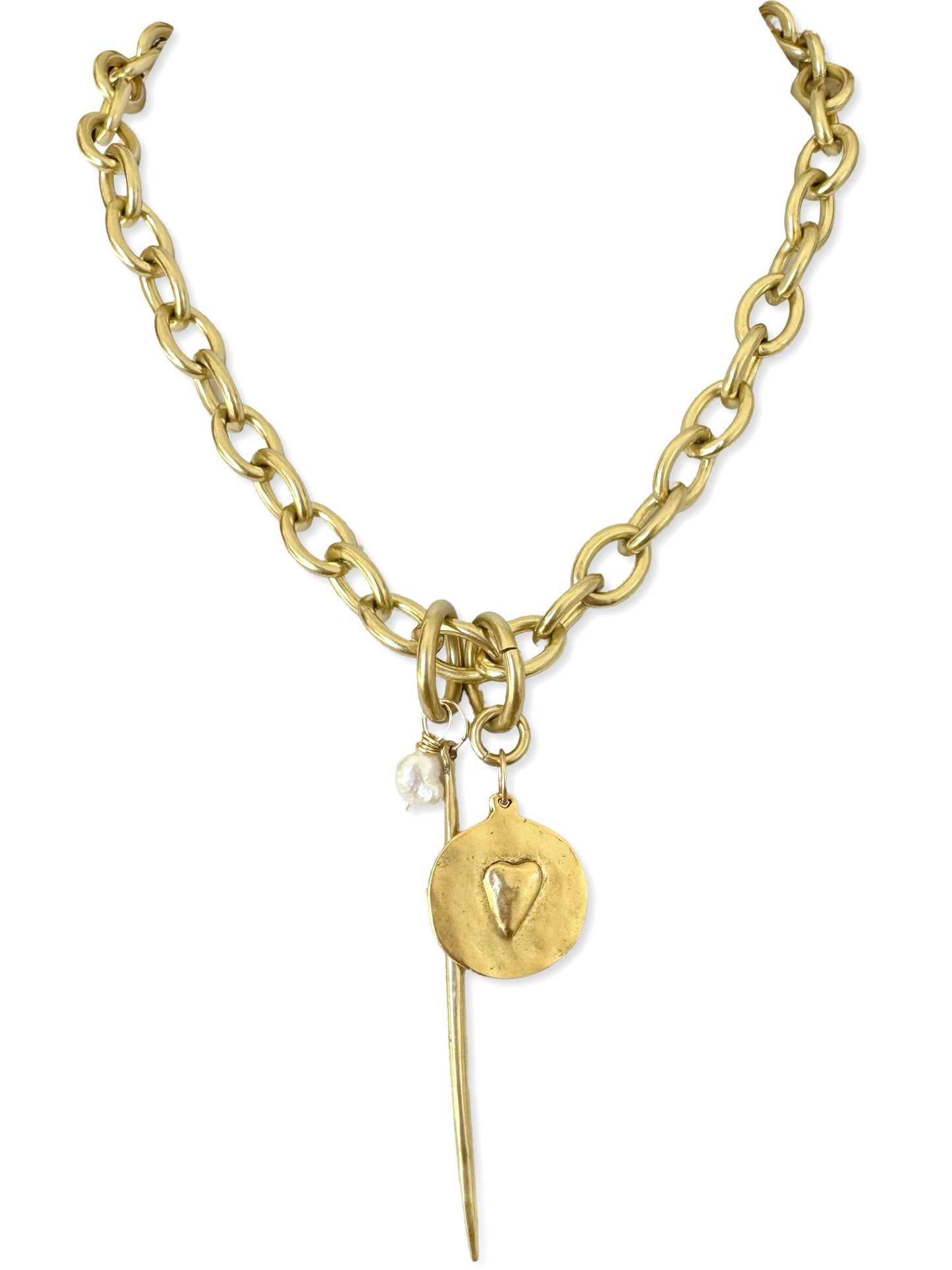 Chunky Brass Chain Necklace- Oval Chain w/ Quill & Heart