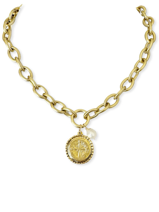 Chunky Brass Chain Necklace- Oval Chain w/ Dotted Ancient Coin