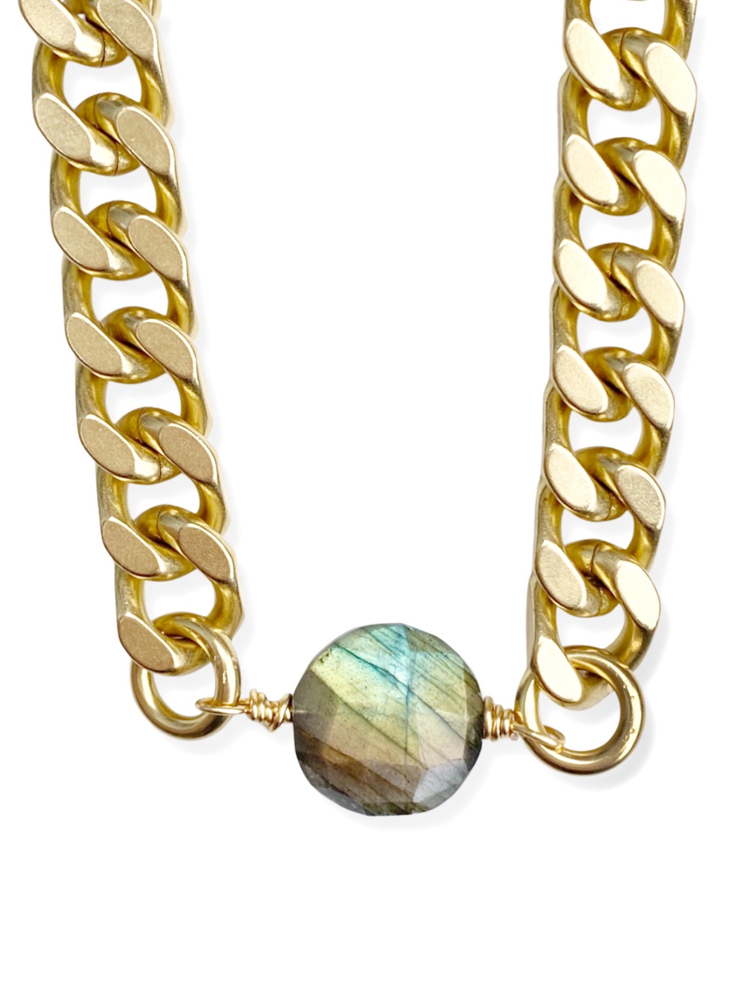 Chunky Brass Chain Necklace- Curb Chain w/ Labradorite