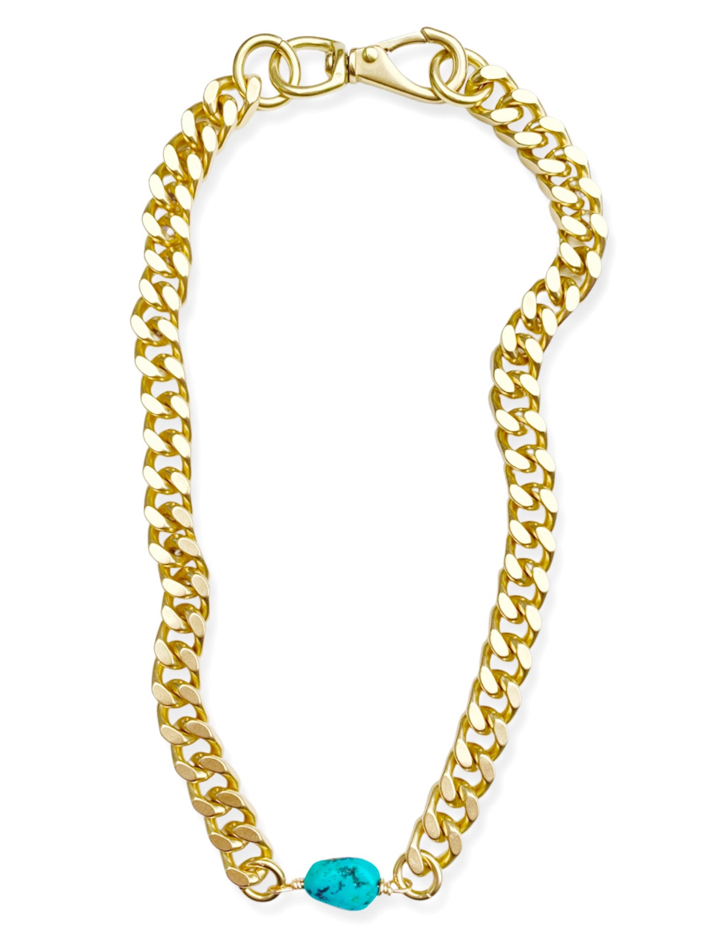 Chunky Brass Chain Necklace- Curb Chain w/ Turquoise