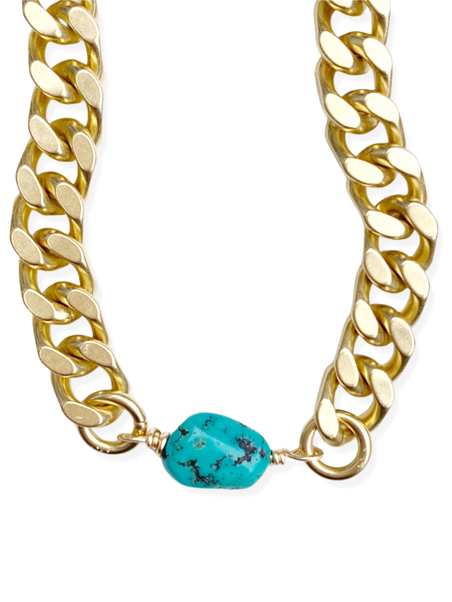 Chunky Brass Chain Necklace- Curb Chain w/ Turquoise