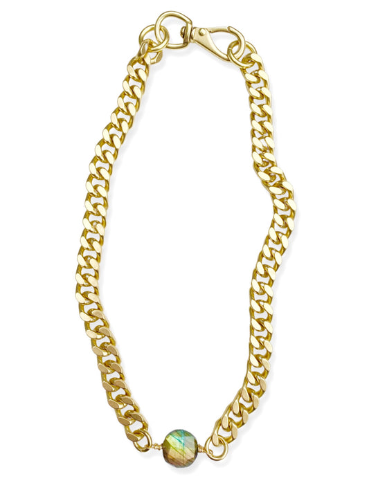 Chunky Brass Chain Necklace- Curb Chain w/ Labradorite