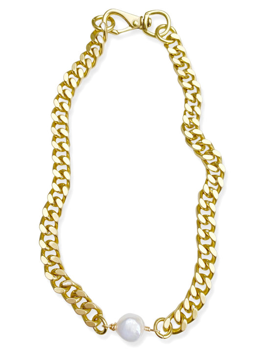 Chunky Brass Chain Necklace- Curb Chain w/ Pearl