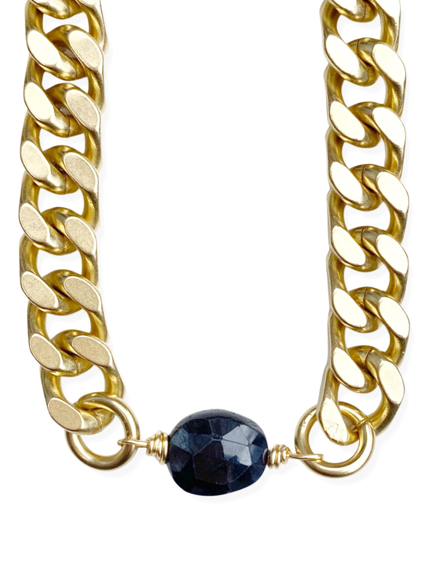 Chunky Brass Chain Necklace- Curb Chain w/ Onyx