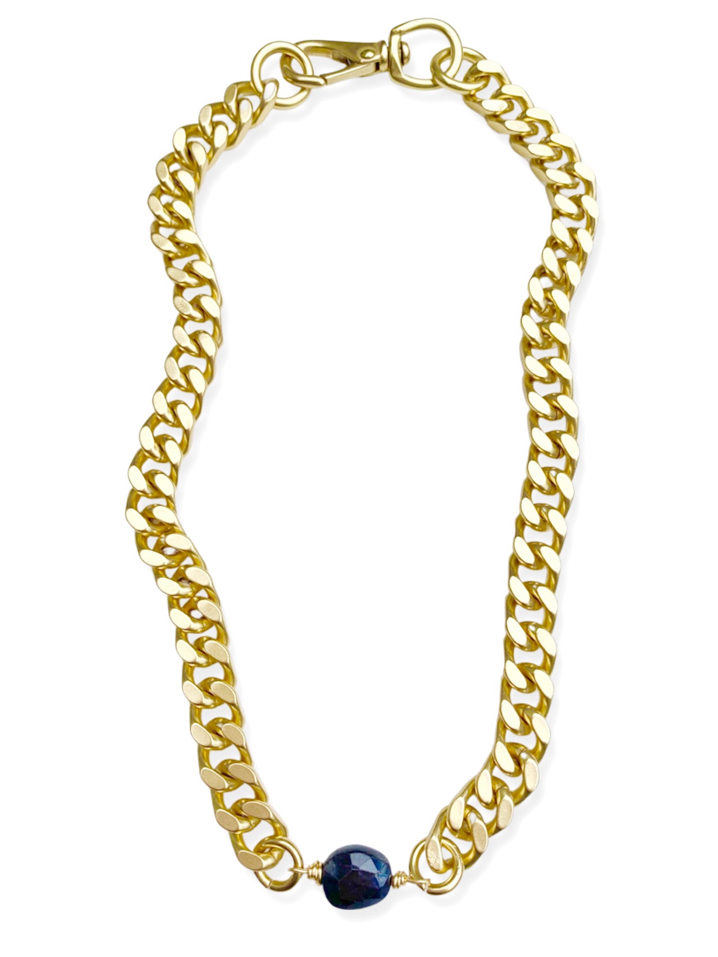 Chunky Brass Chain Necklace- Curb Chain w/ Onyx