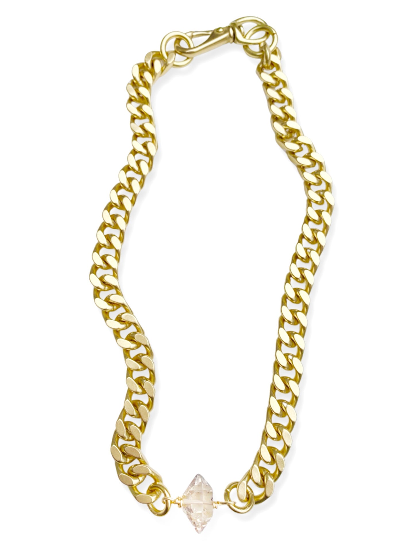 Chunky Brass Chain Necklace- Curb Chain w/ Herkimer Diamond