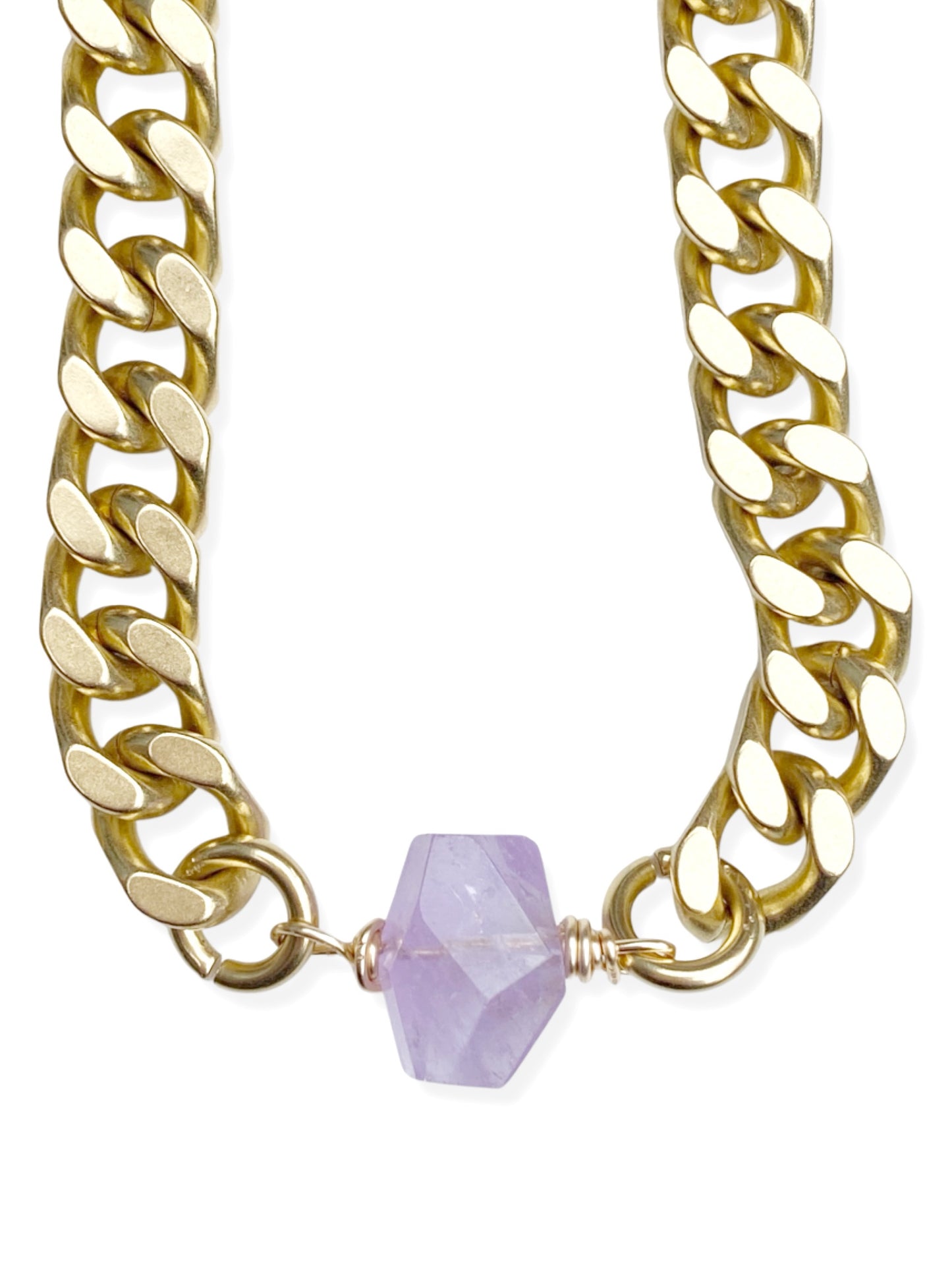 Chunky Brass Chain Necklace- Curb Chain w/ Amethyst