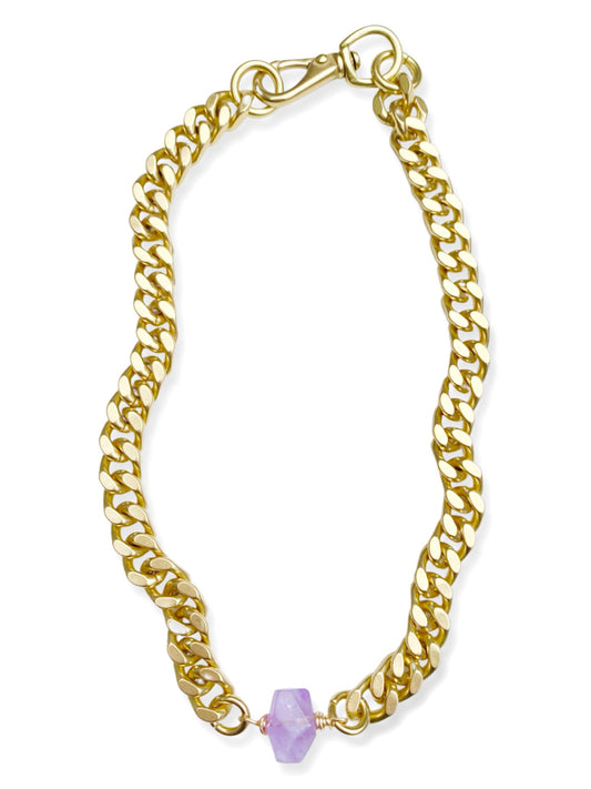 Chunky Brass Chain Necklace- Curb Chain w/ Amethyst