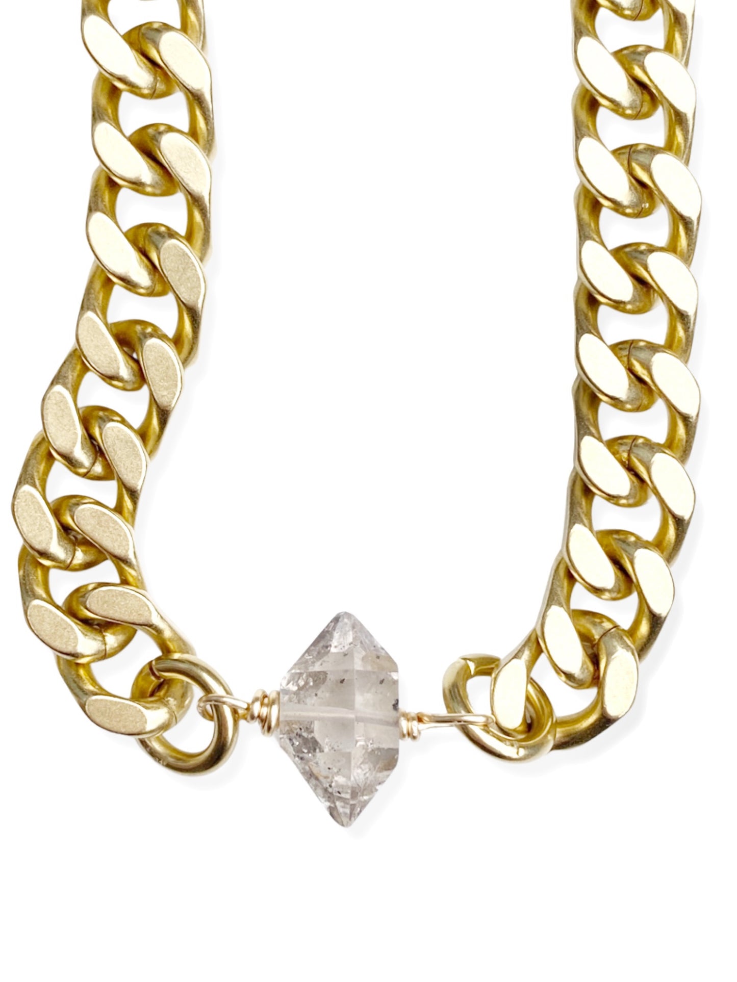 Chunky Brass Chain Necklace- Curb Chain w/ Herkimer Diamond