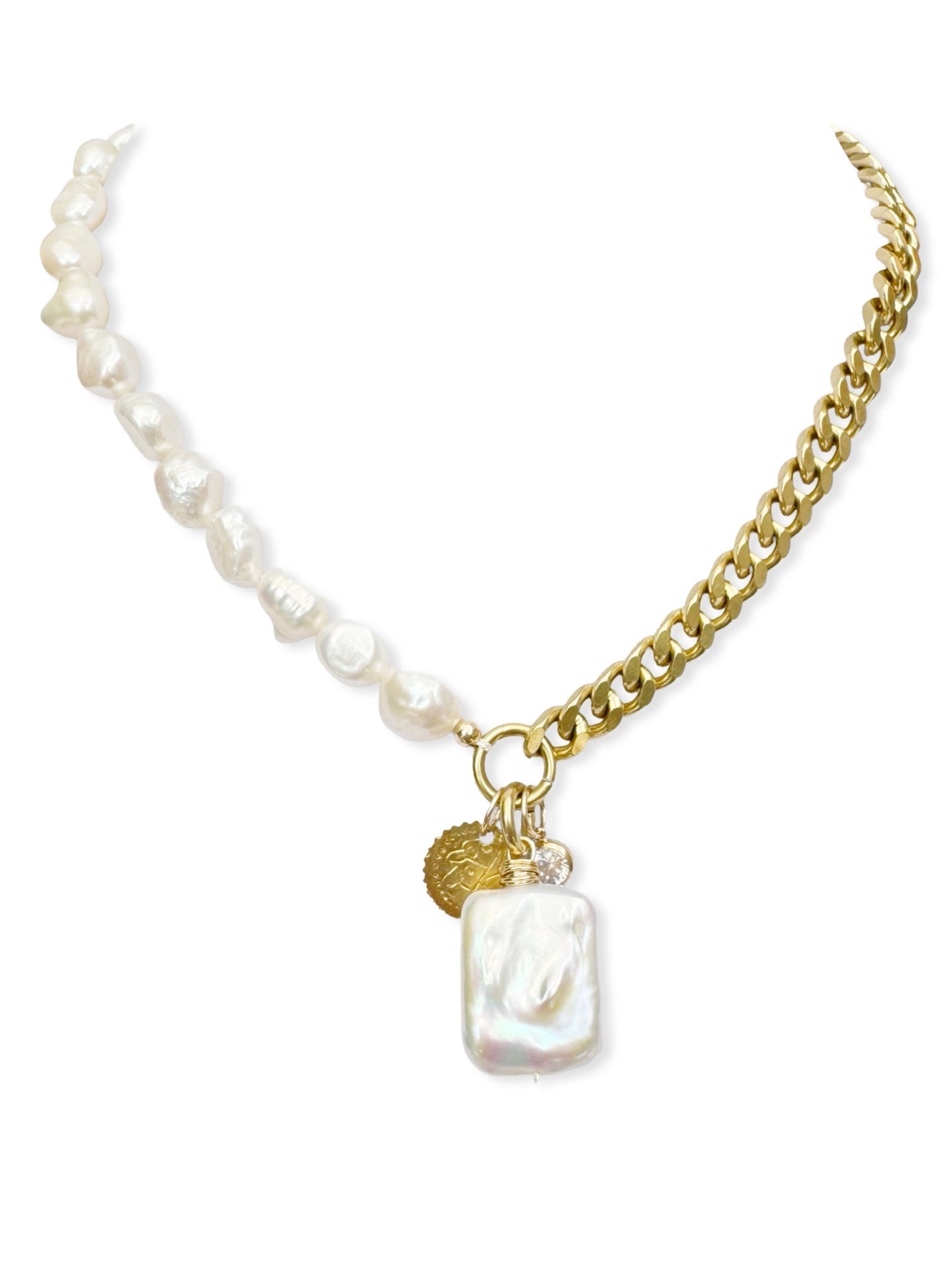 Chunky Brass & Pearl Necklace