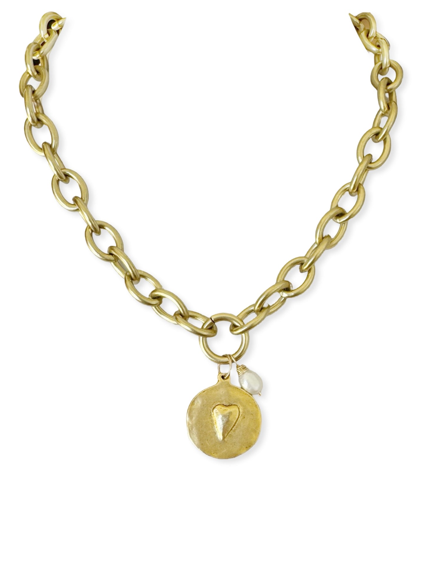 Chunky Brass Chain Necklace- Oval Chain w/ Heart