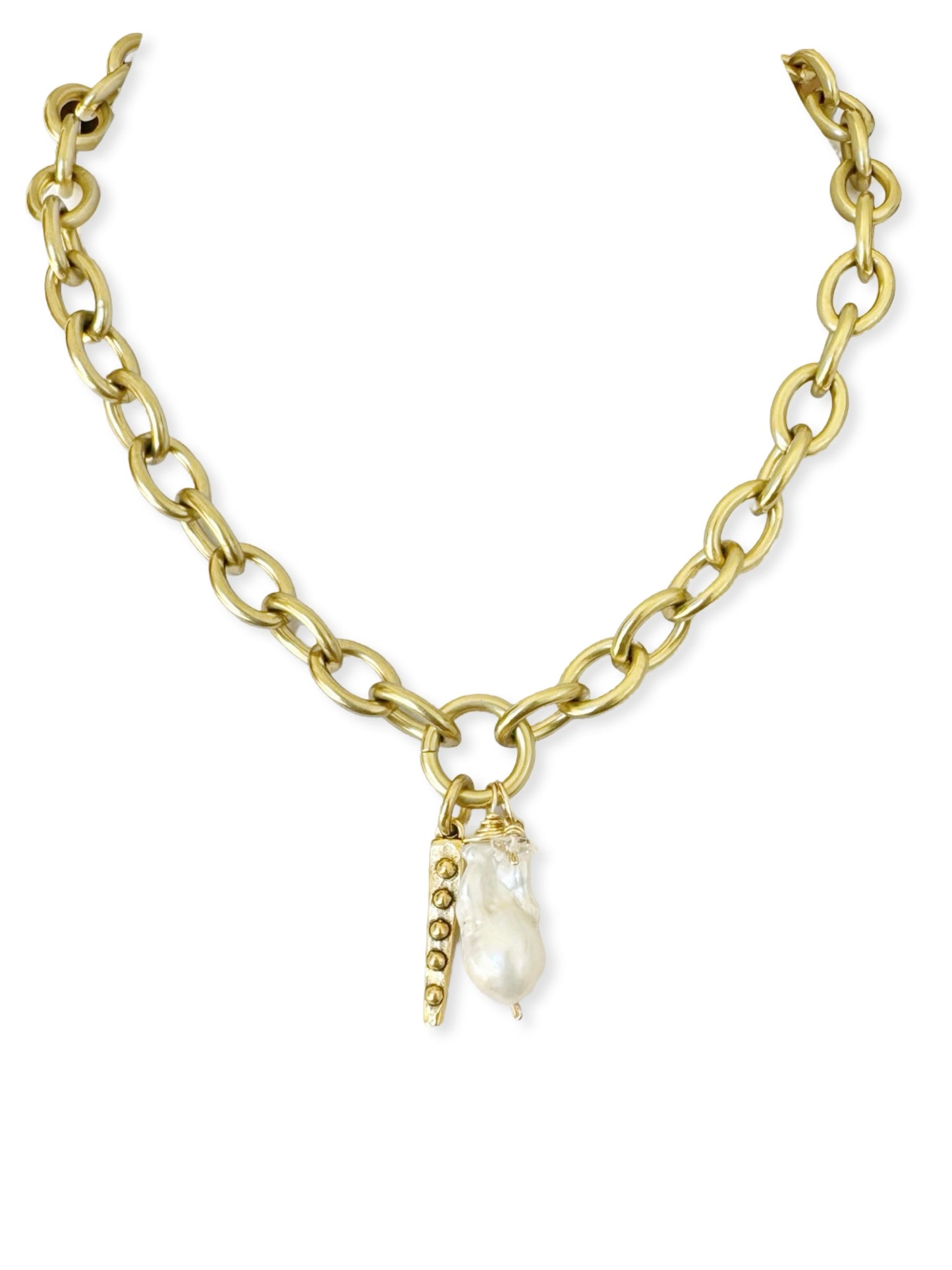 Chunky Brass Chain Necklace- Oval Chain w/ Pearl