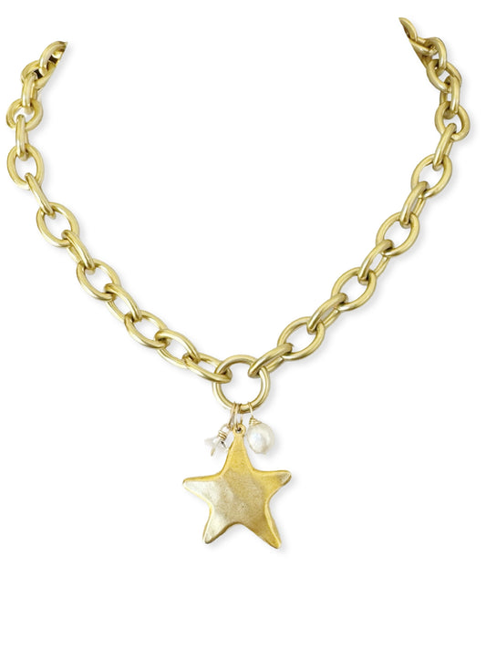 Chunky Brass Chain Necklace- Oval Chain w/ Star