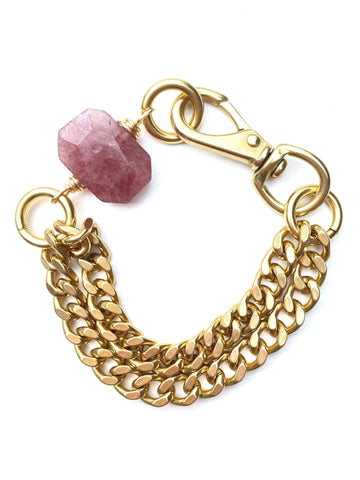 Chunky Brass Chain Bracelet- Strawberry Quartz