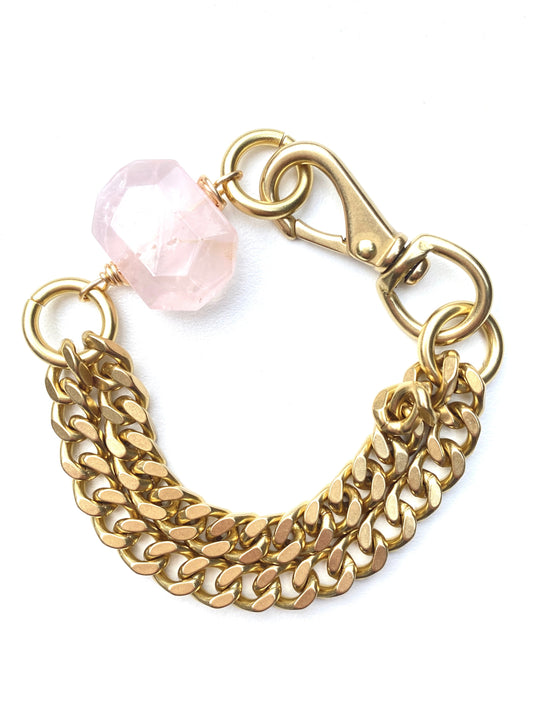 Chunky Brass Chain Bracelet- Rose Quartz