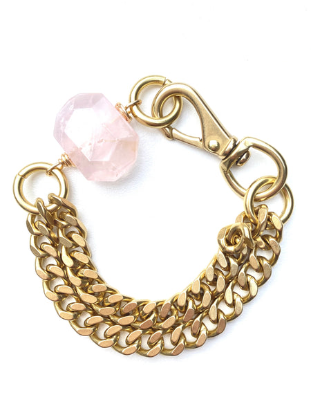 Chunky Brass Chain Bracelet- Rose Quartz