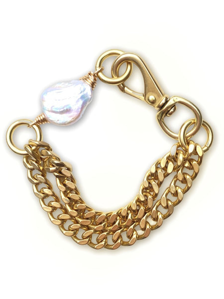Chunky Brass Chain Bracelet- Pearl