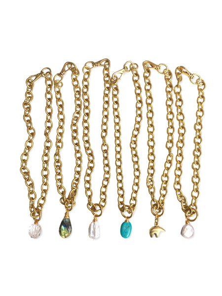 Chunky Brass Chain Necklace- Oval Chain w/ Quartz