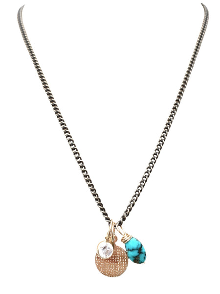 Mixed Metal Charm Necklace- 18"- Turquoise & Disk