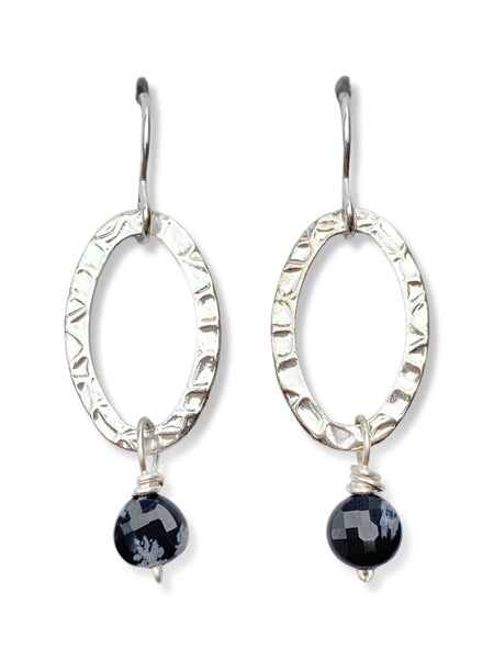 Oval Earrings- Silver- Snowflake Obsidian
