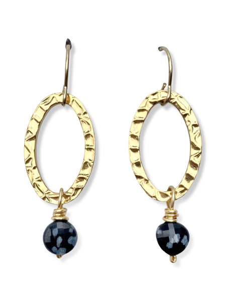 Oval Earrings- Gold- Snowflake Obsidian